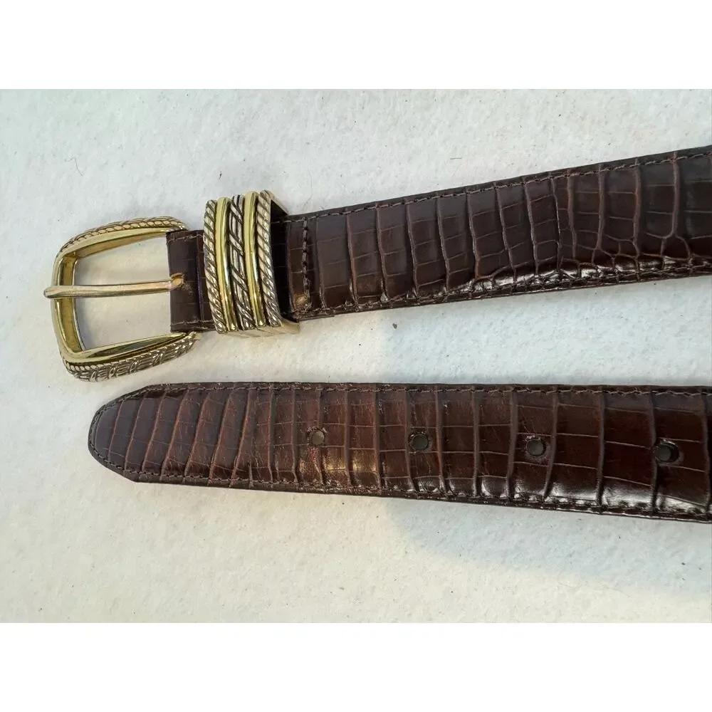 Vtg Brighton Brown Snake Embossed Leather Belt Gold Silver Tone Buckle 4B708‎ XS